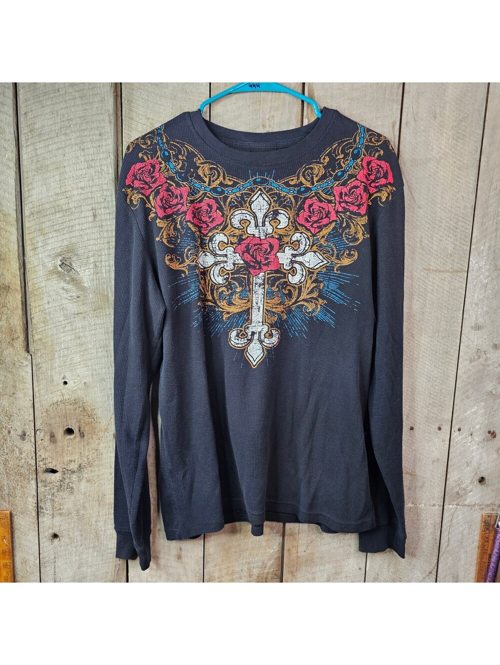 MMA ELITE Men's Black Waffle Knit Long Sleeve T-Shirt Cross Roses Graphic Size L
